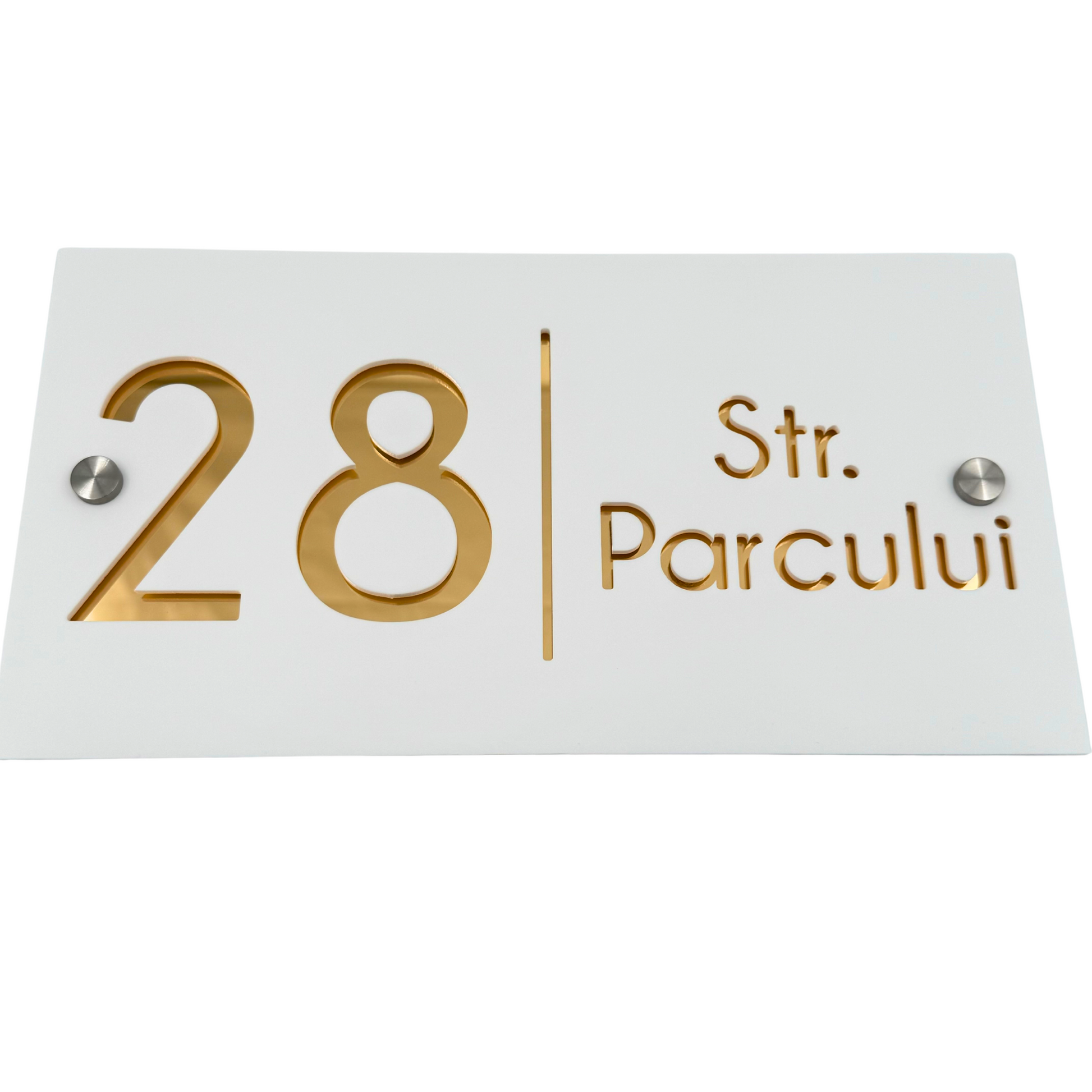 PREMIUM HOUSE NUMBER - White Satin Gold Mirror 2 Spacers Silver - 28×15 cm