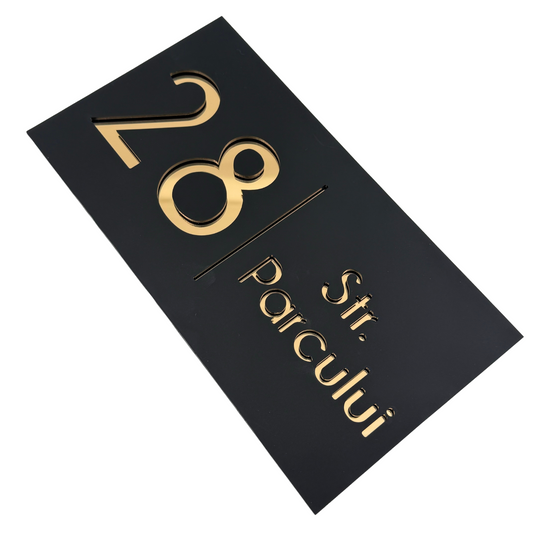 PREMIUM HOUSE NUMBER - Satin Black Gold Mirror - 28×15 cm