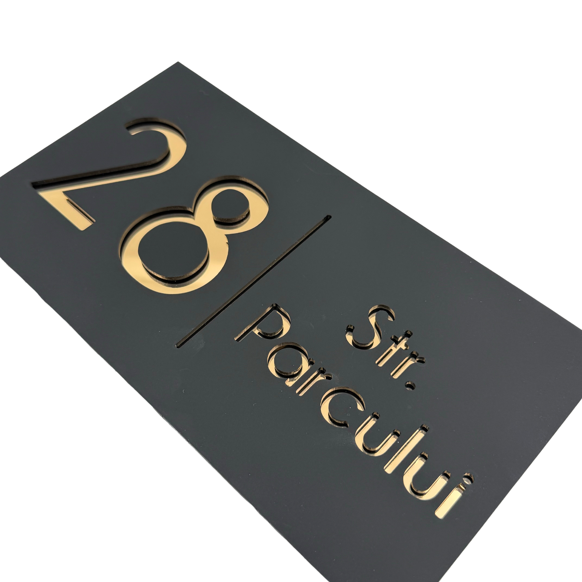 PREMIUM HOUSE NUMBER - Satin Black Gold Mirror - 28×15 cm