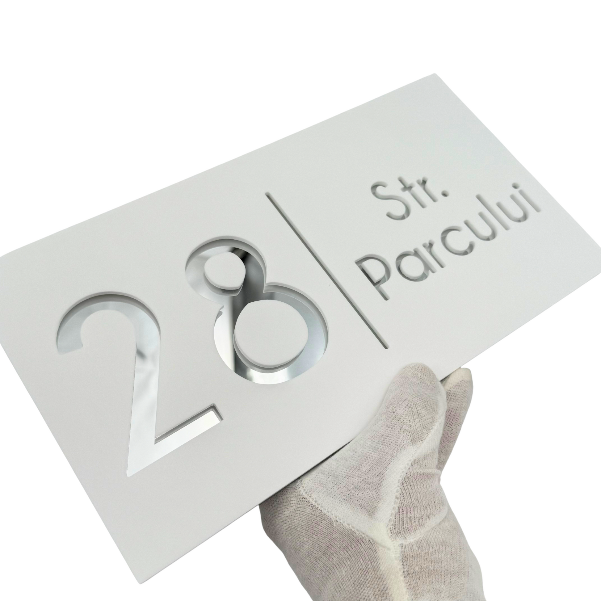 PREMIUM HOUSE NUMBER - White Satin Silver Mirror - 28×15 cm