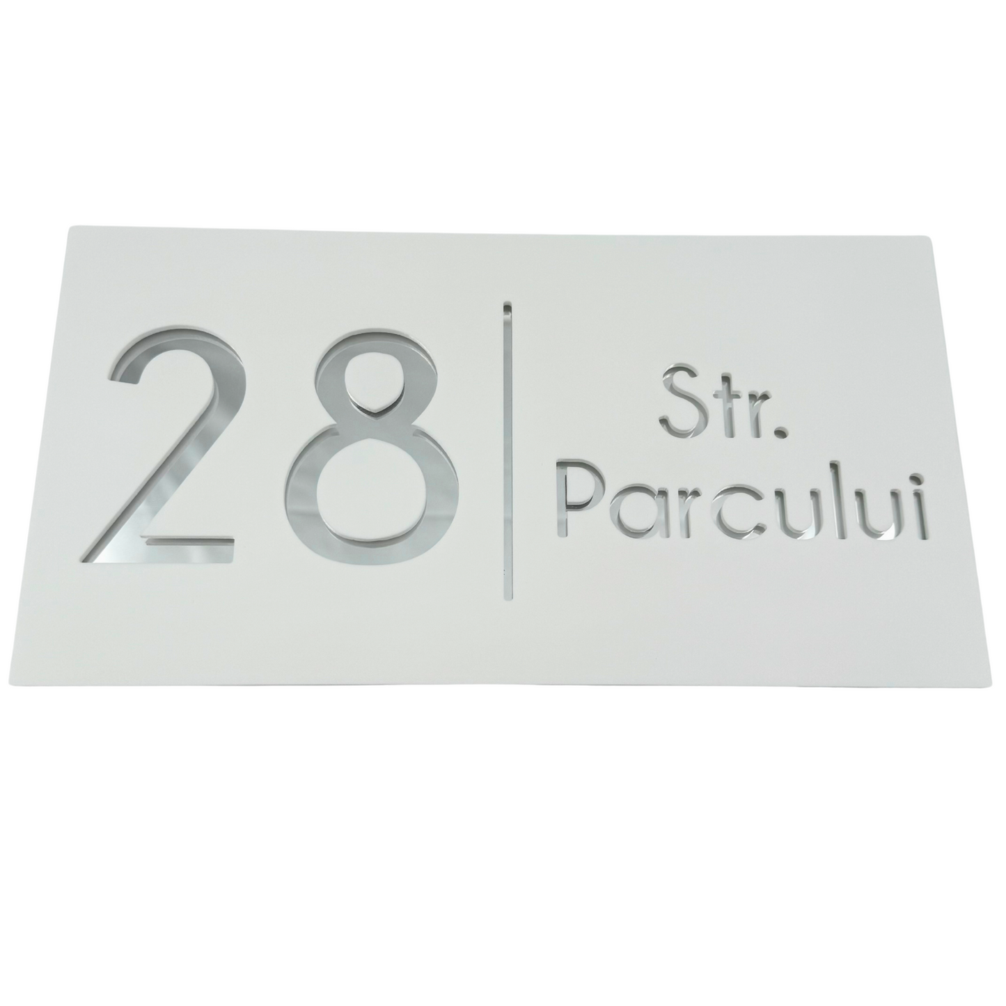 PREMIUM HOUSE NUMBER - White Satin Silver Mirror - 28×15 cm