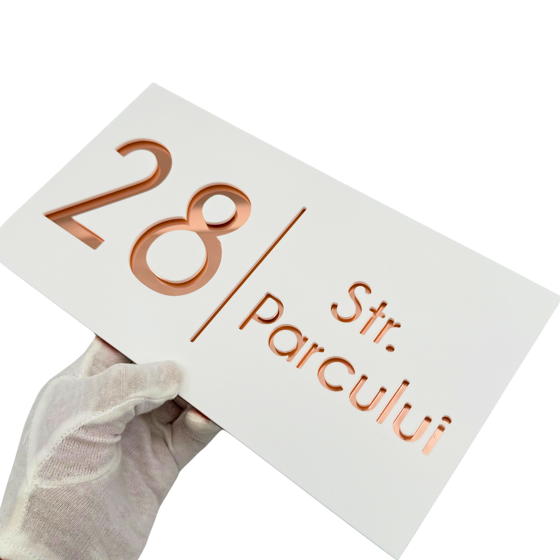 PREMIUM HOUSE NUMBER - White Satin Rose Gold Mirror - 28×15 cm