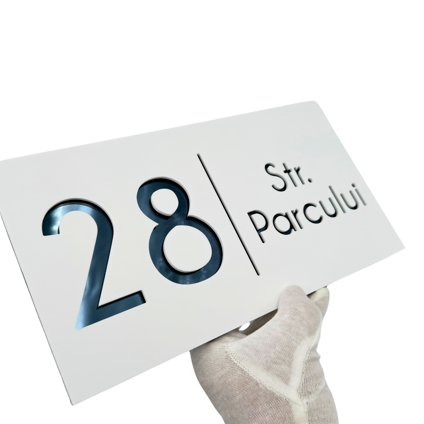 PREMIUM HOUSE NUMBER - White Satin Anthracite Grey Mirror - 28×15 cm