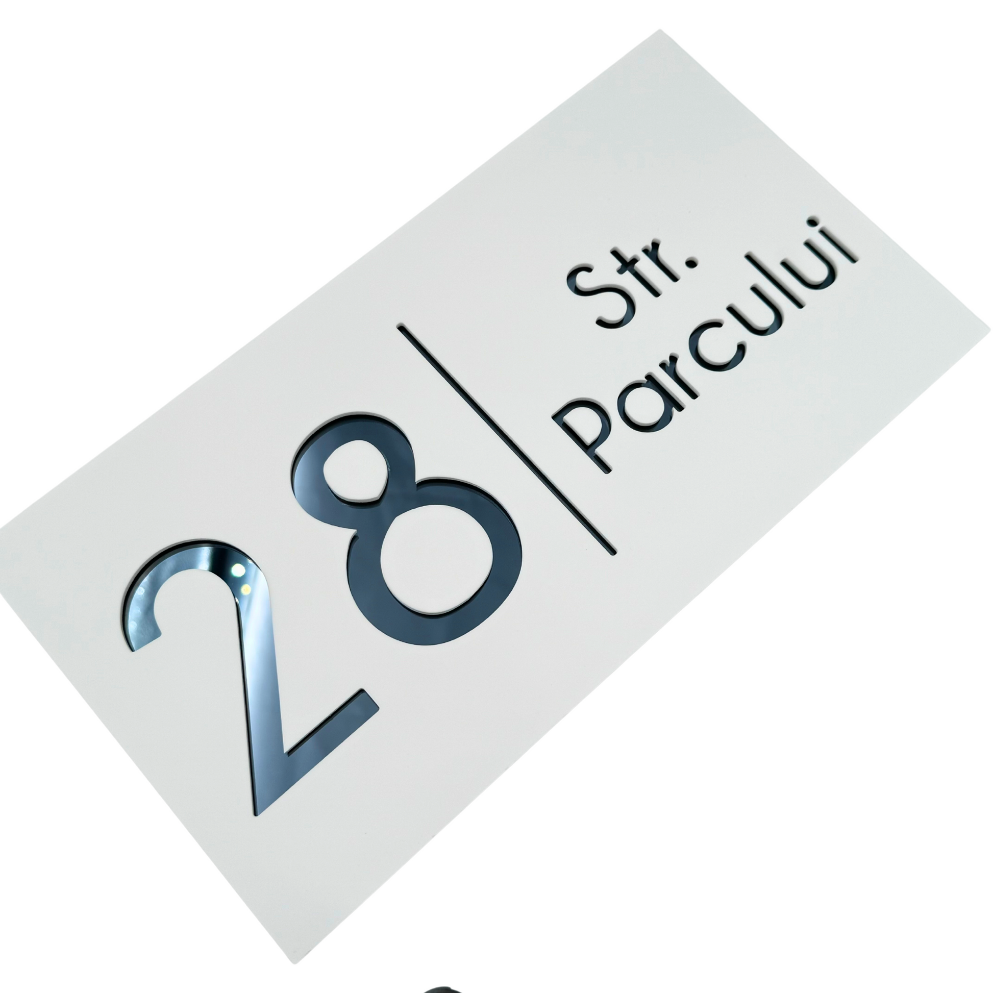 PREMIUM HOUSE NUMBER - White Satin Anthracite Grey Mirror - 28×15 cm