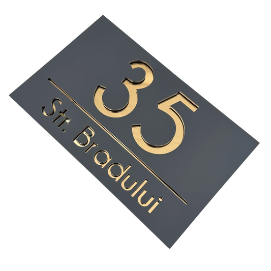PREMIUM HOUSE NUMBER - Satin Grey Gold Mirror - 24×15 cm