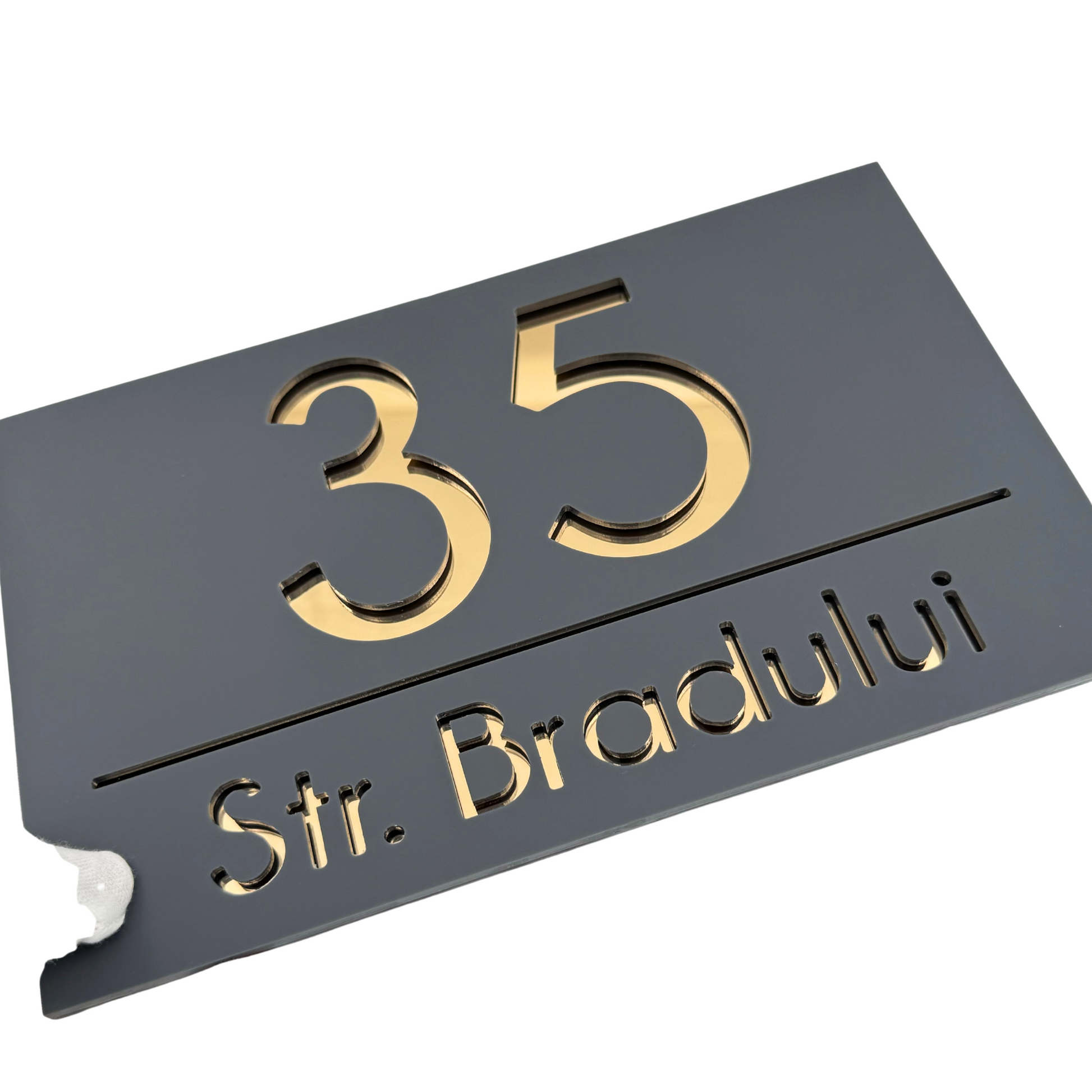 PREMIUM HOUSE NUMBER - Satin Grey Gold Mirror - 24×15 cm