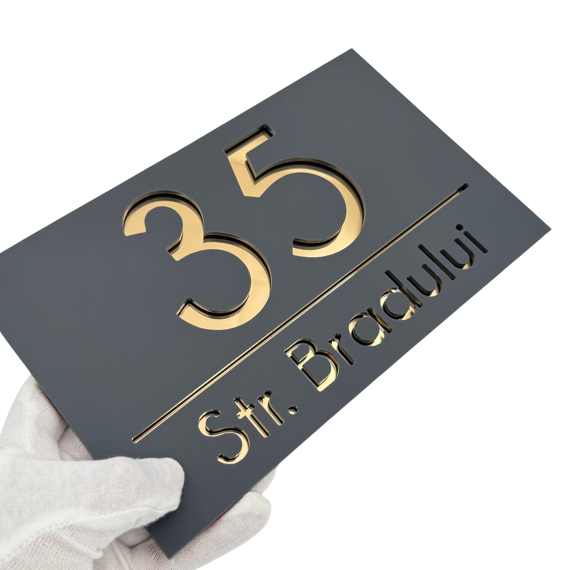 PREMIUM HOUSE NUMBER - Satin Grey Gold Mirror - 24×15 cm