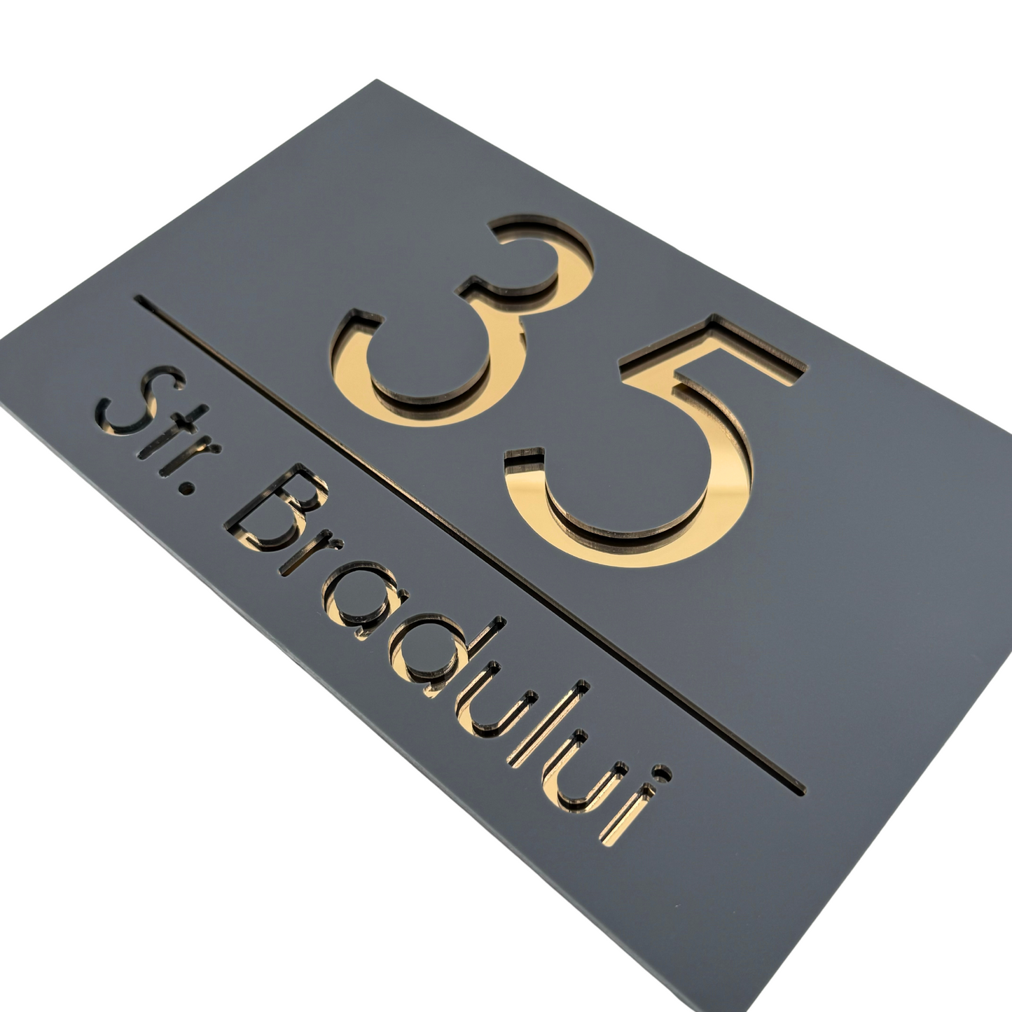PREMIUM HOUSE NUMBER - Satin Grey Gold Mirror - 24×15 cm