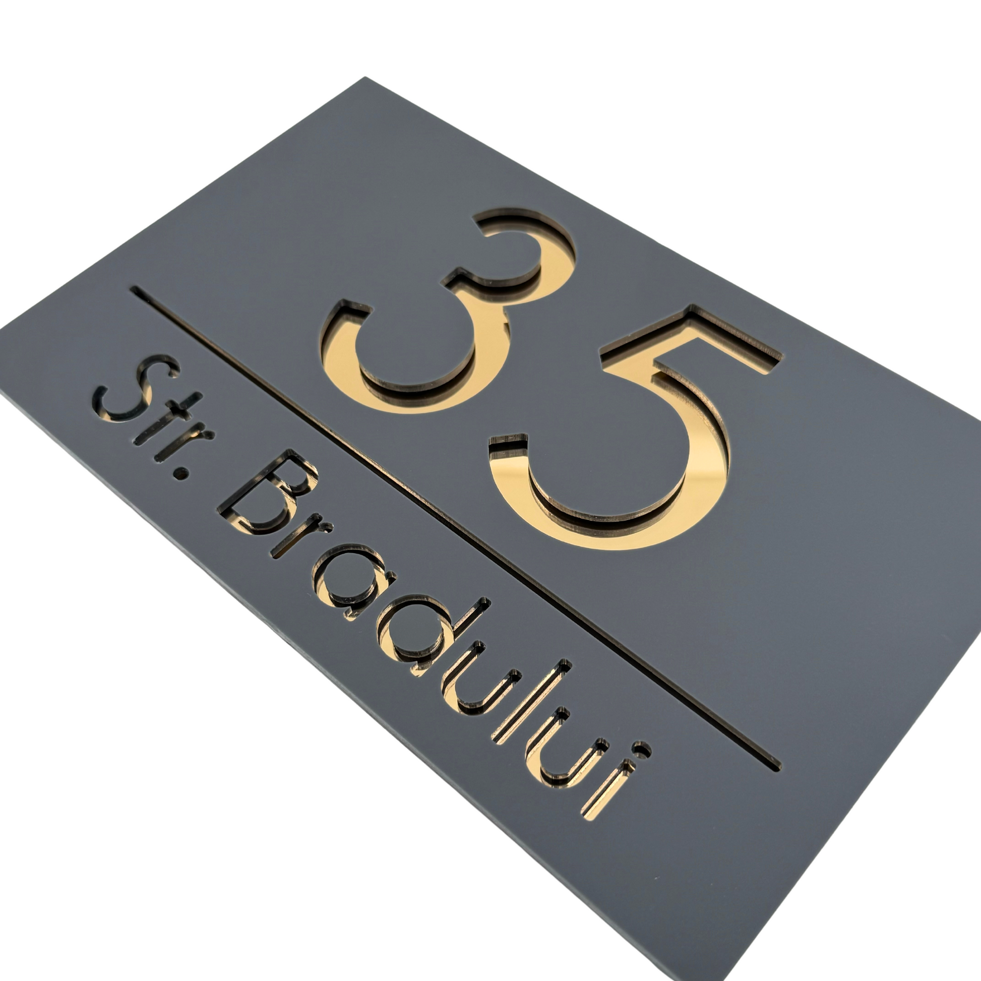 PREMIUM HOUSE NUMBER - Satin Grey Gold Mirror - 24×15 cm