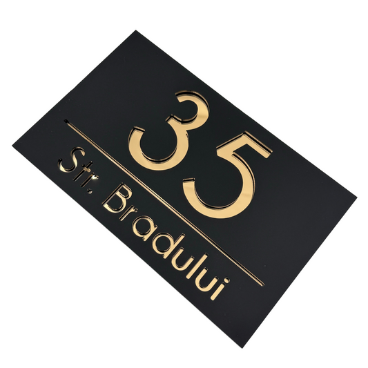 PREMIUM HOUSE NUMBER - Satin Black Gold Mirror - 24×15 cm