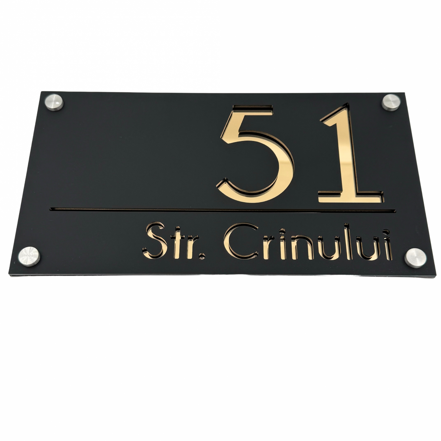 PREMIUM HOUSE NUMBER - Satin Black Gold Mirror 4 Spacers Silver - 28×15 cm