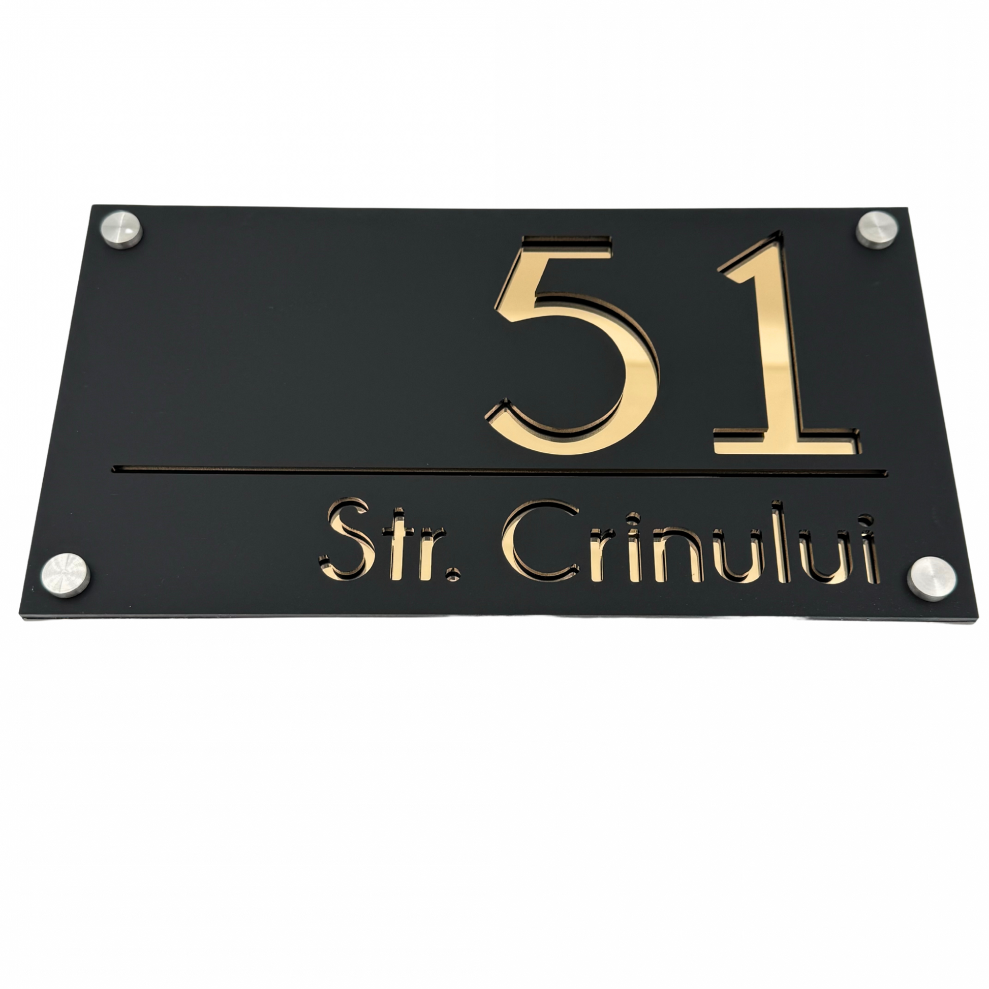 PREMIUM HOUSE NUMBER - Satin Black Gold Mirror 4 Spacers Silver - 28×15 cm