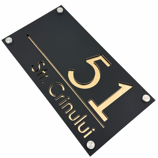 PREMIUM HOUSE NUMBER - Satin Black Gold Mirror 4 Spacers Silver - 28×15 cm