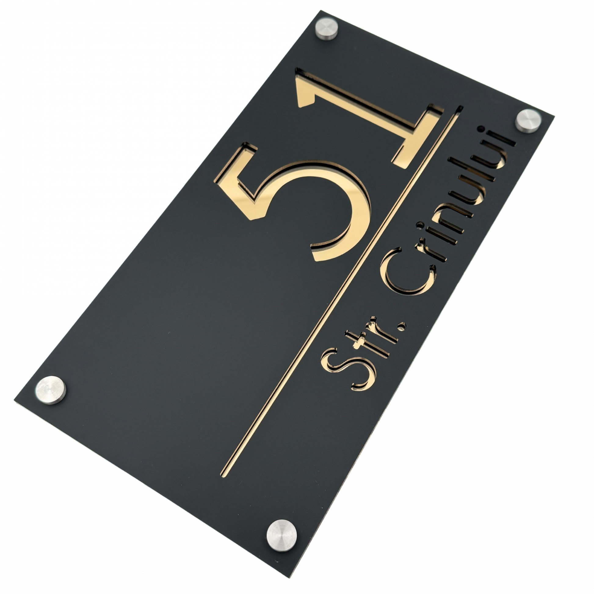PREMIUM HOUSE NUMBER - Satin Black Gold Mirror 4 Spacers Silver - 28×15 cm