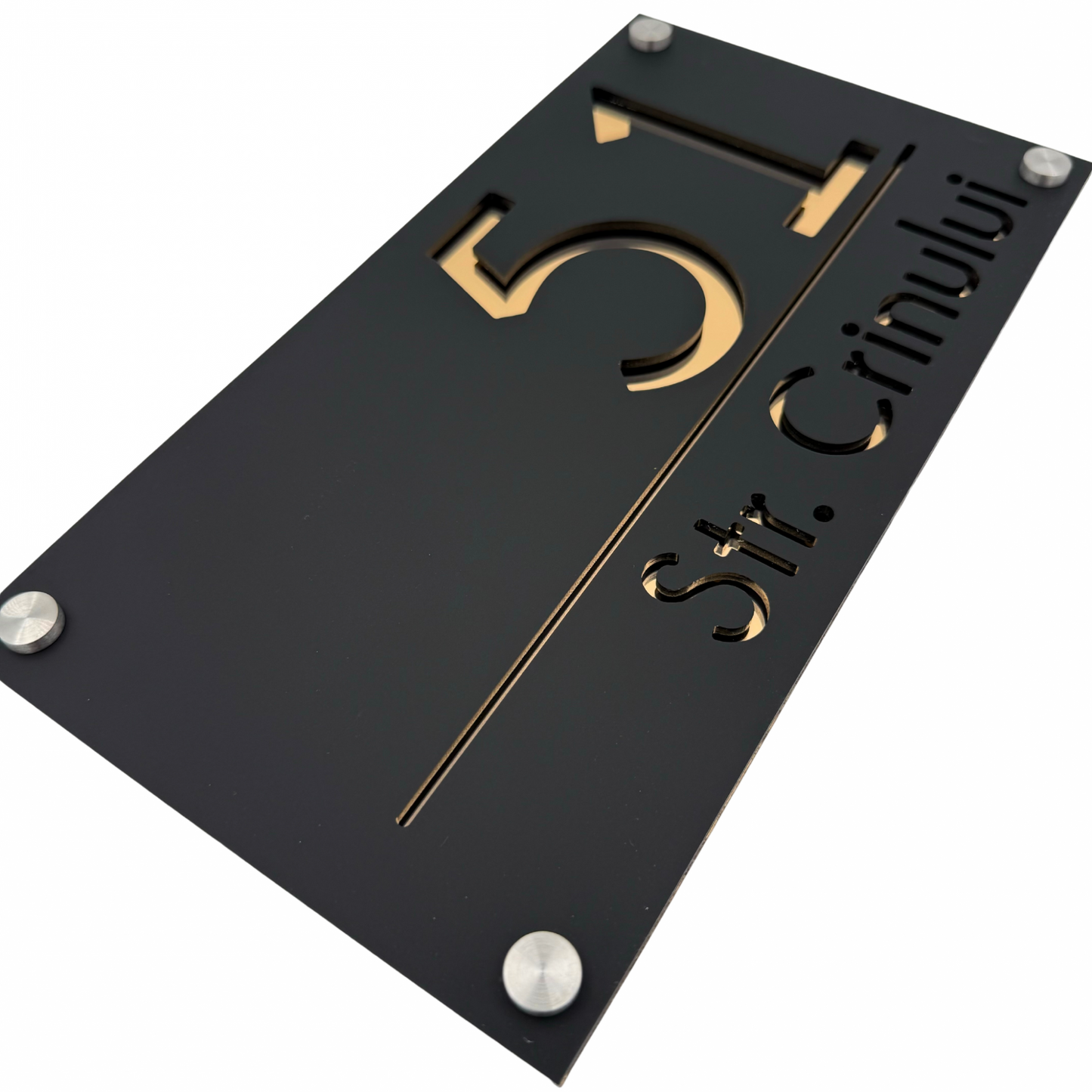 PREMIUM HOUSE NUMBER - Satin Black Gold Mirror 4 Spacers Silver - 28×15 cm