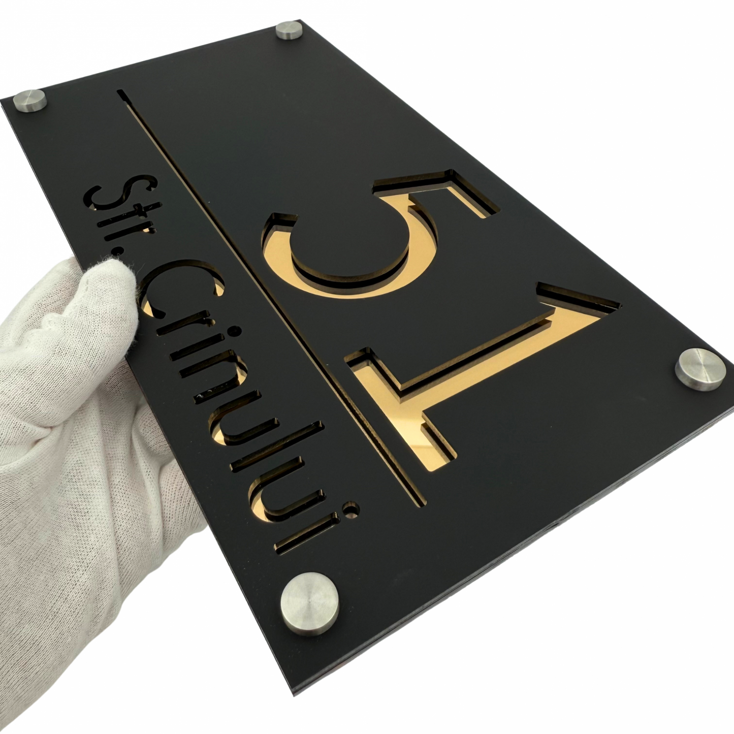 PREMIUM HOUSE NUMBER - Satin Black Gold Mirror 4 Spacers Silver - 28×15 cm