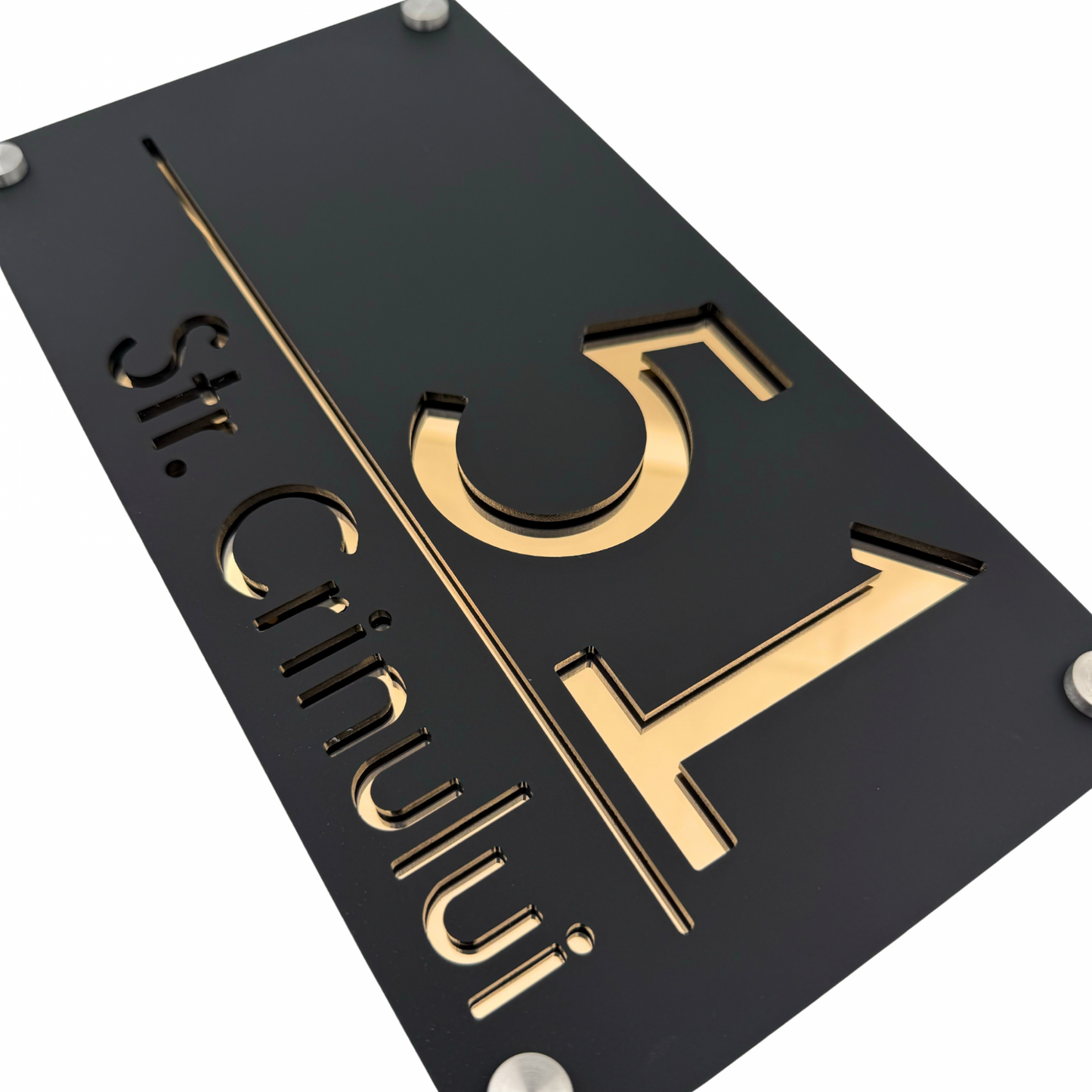 PREMIUM HOUSE NUMBER - Satin Black Gold Mirror 4 Spacers Silver - 28×15 cm