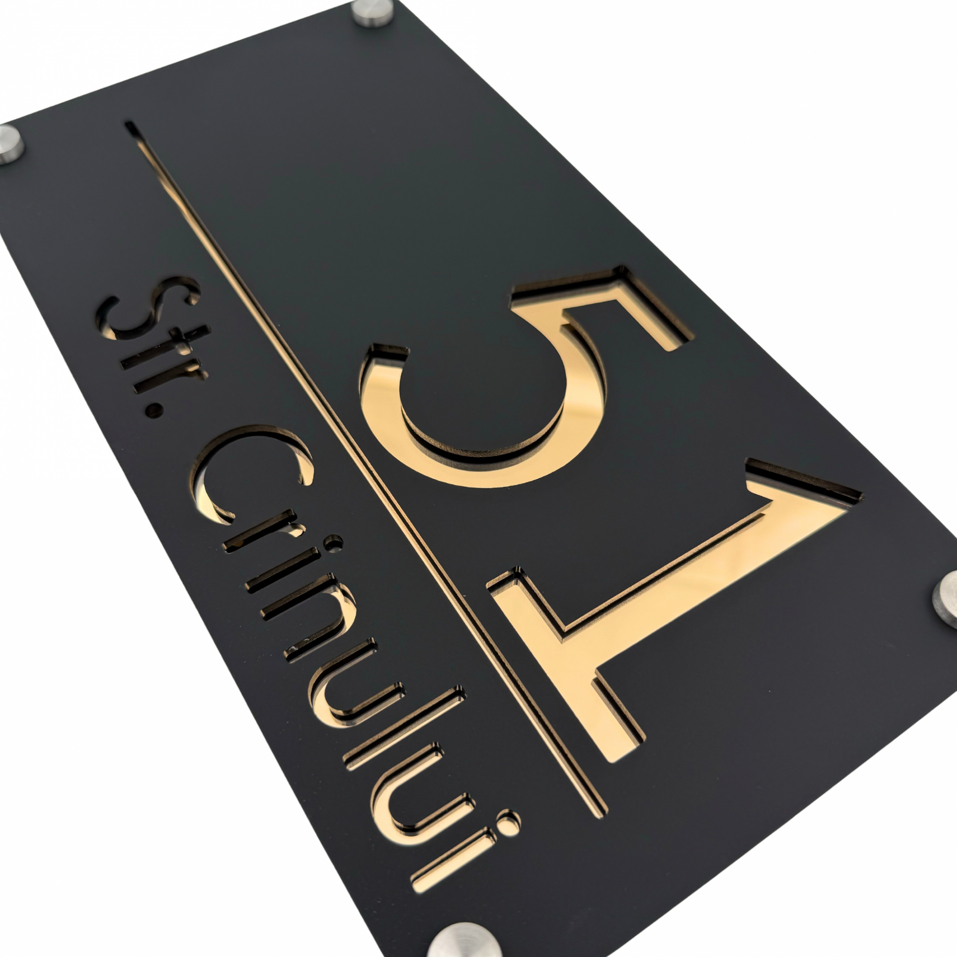 PREMIUM HOUSE NUMBER - Satin Black Gold Mirror 4 Spacers Silver - 28×15 cm