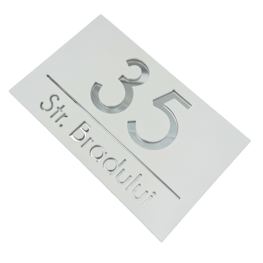 PREMIUM HOUSE NUMBER - White Satin Silver Mirror - 24×15 cm