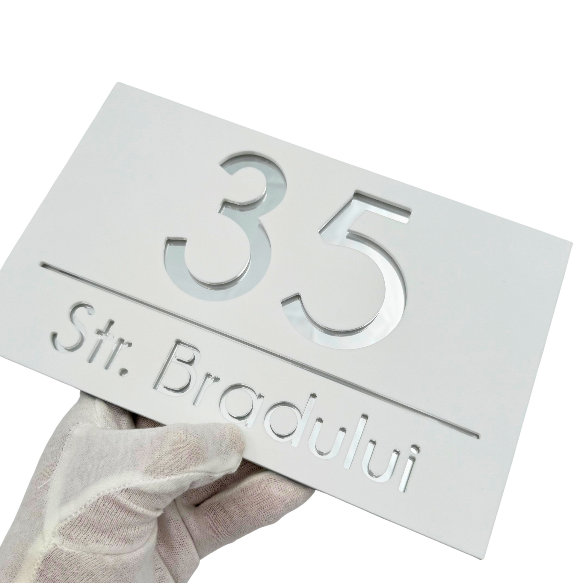 PREMIUM HOUSE NUMBER - White Satin Silver Mirror - 24×15 cm
