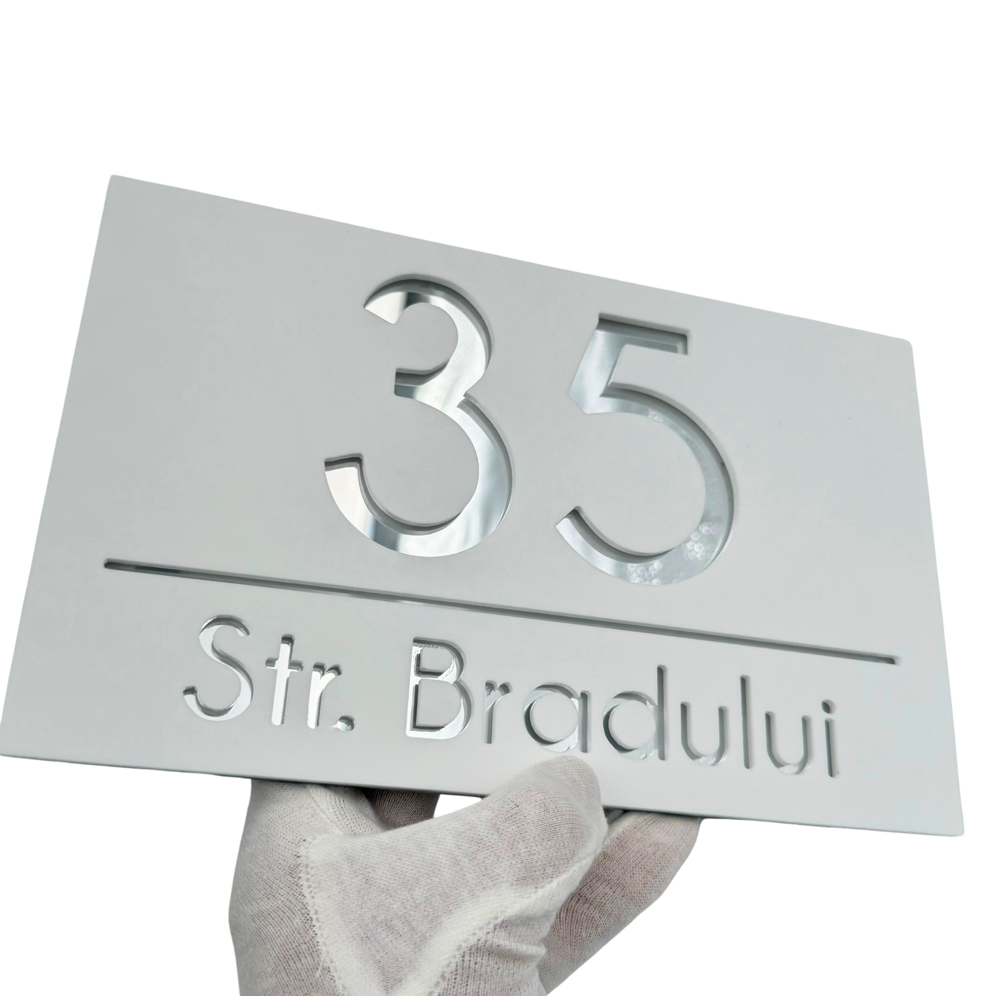 PREMIUM HOUSE NUMBER - White Satin Silver Mirror - 24×15 cm