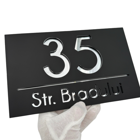 PREMIUM HOUSE NUMBER - Satin Black Silver Mirror - 24×15 cm