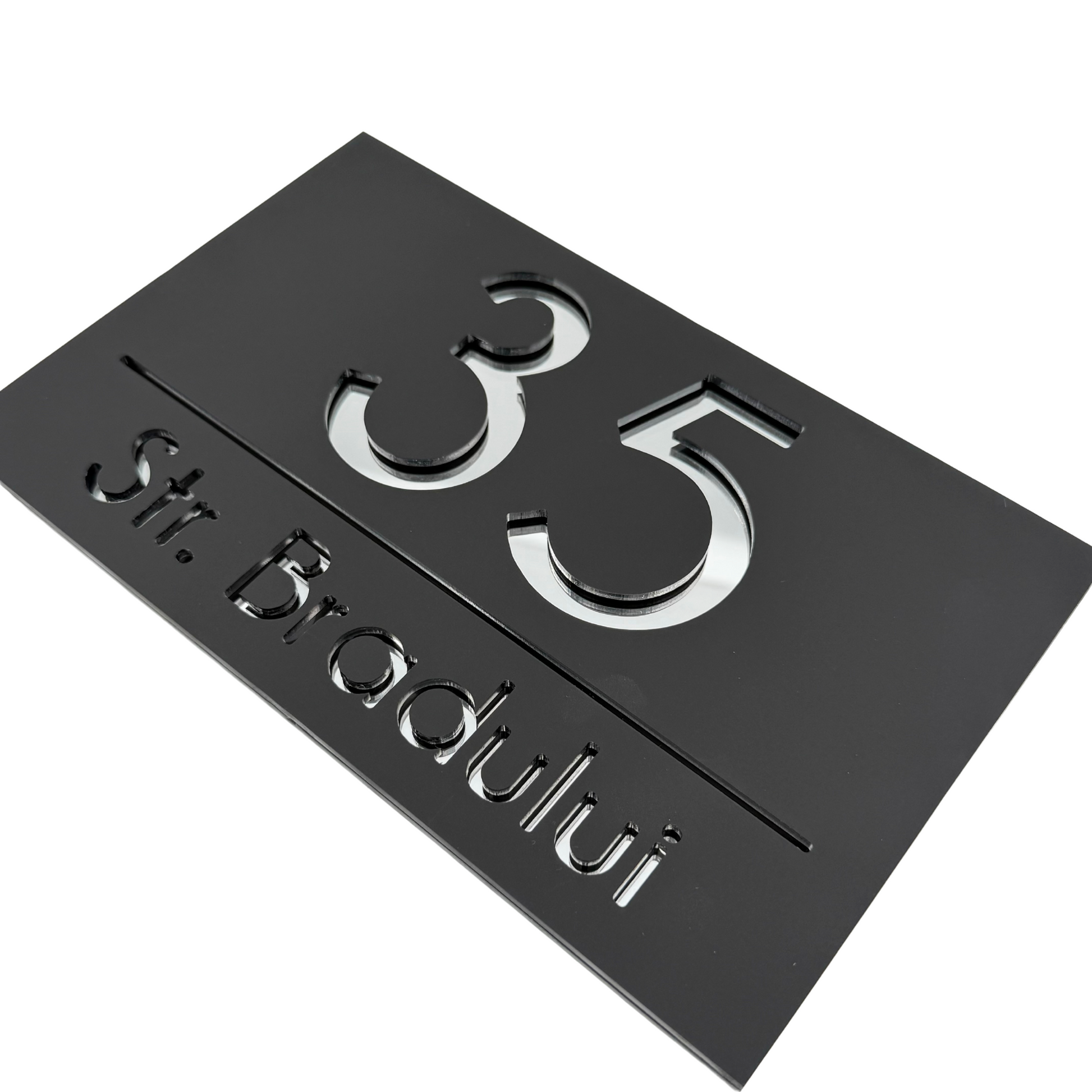 PREMIUM HOUSE NUMBER - Satin Black Silver Mirror - 24×15 cm