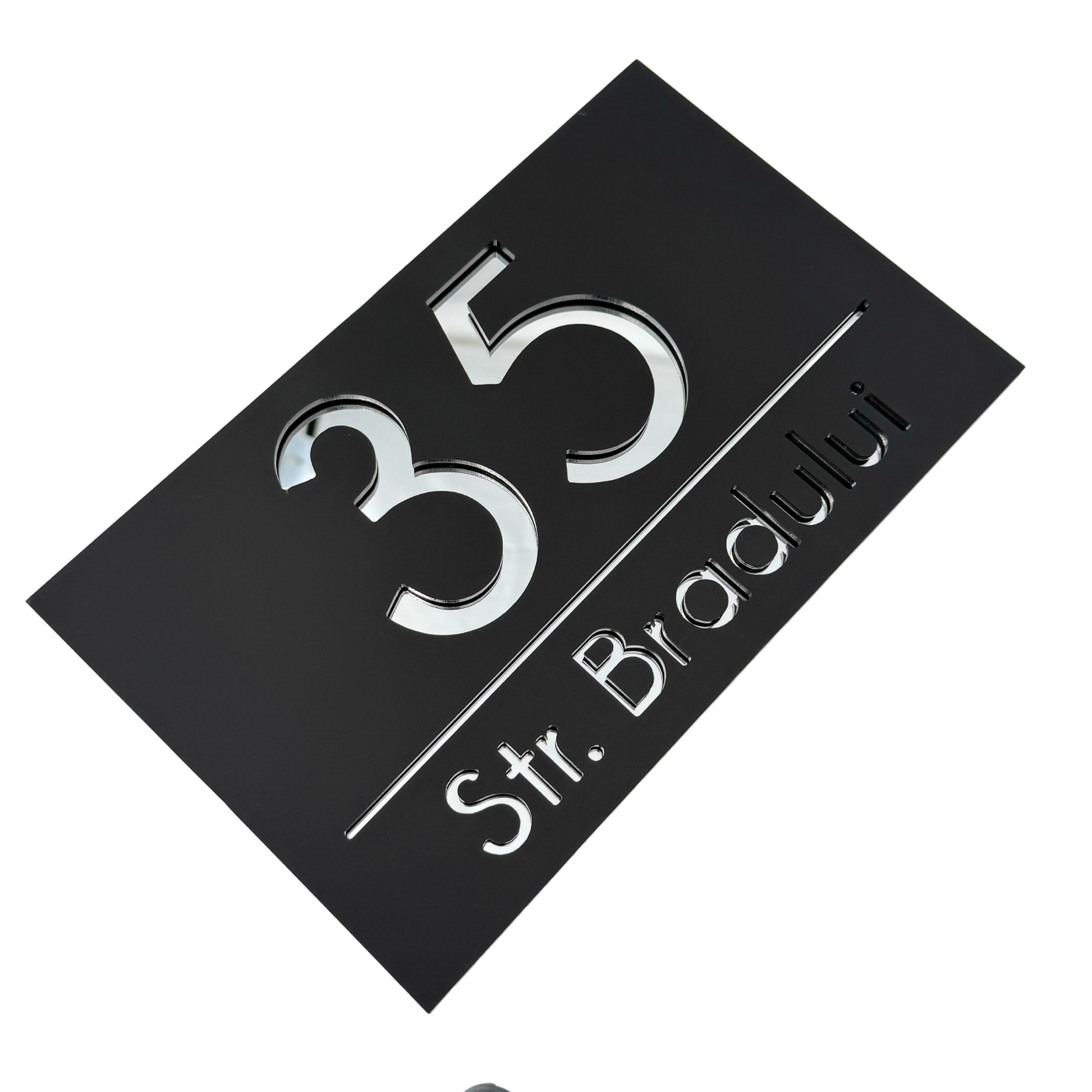 PREMIUM HOUSE NUMBER - Satin Black Silver Mirror - 24×15 cm