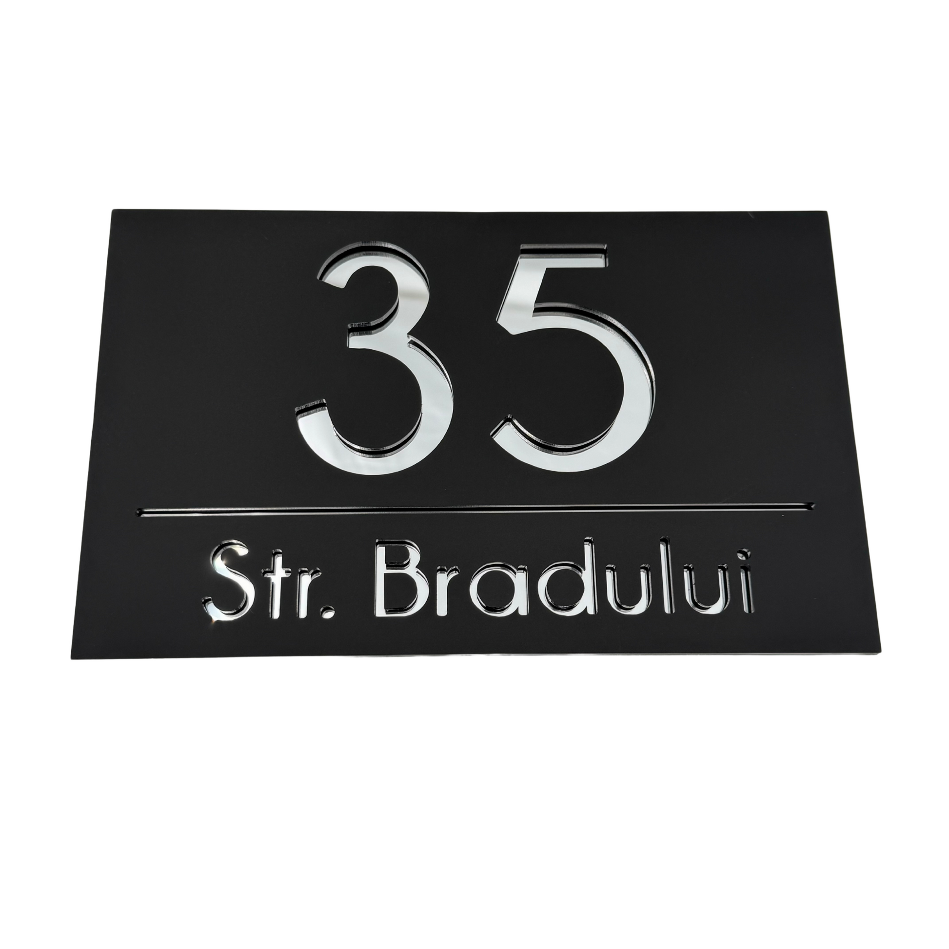 PREMIUM HOUSE NUMBER - Satin Black Silver Mirror - 24×15 cm