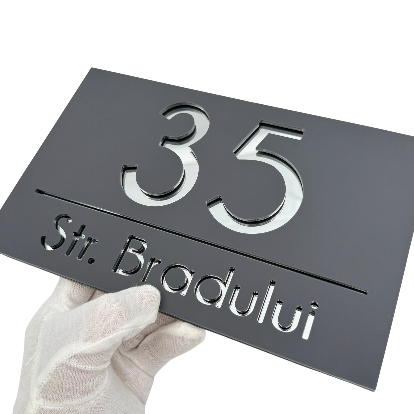 PREMIUM HOUSE NUMBER - Satin Grey Silver Mirror - 24×15 cm
