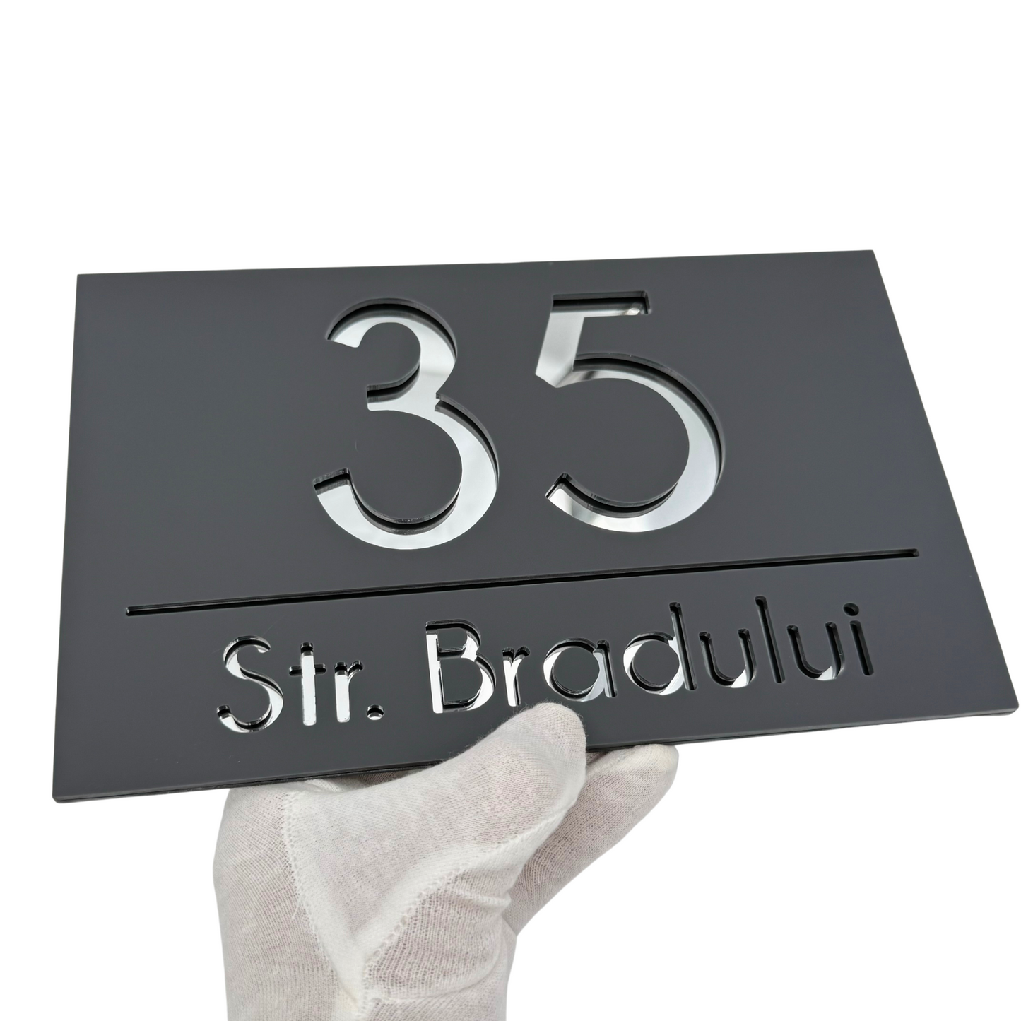 PREMIUM HOUSE NUMBER - Satin Grey Silver Mirror - 24×15 cm