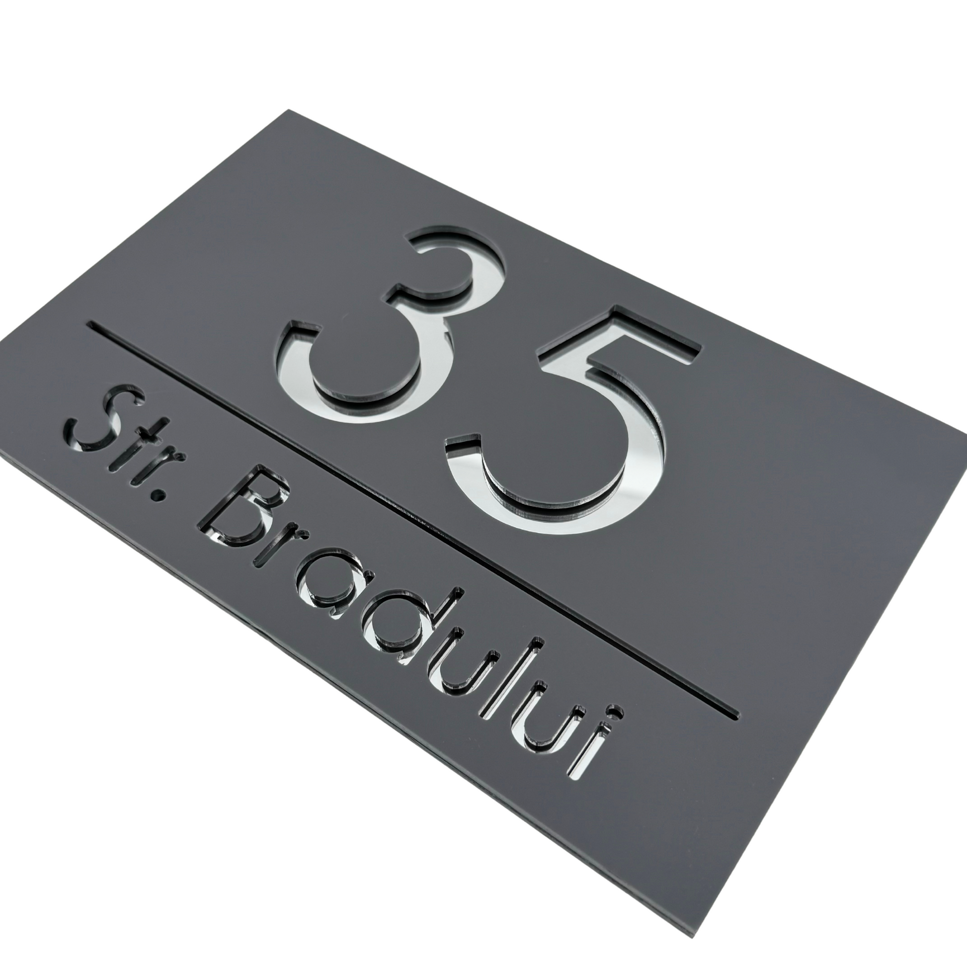 PREMIUM HOUSE NUMBER - Satin Grey Silver Mirror - 24×15 cm