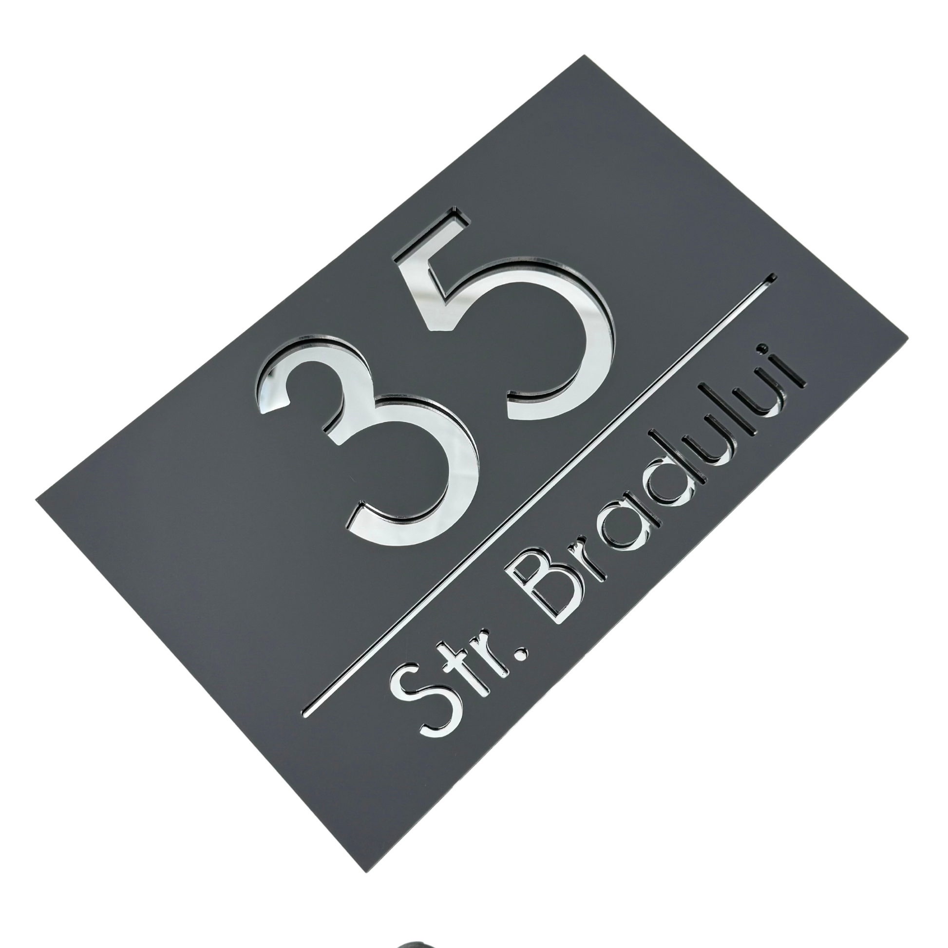 PREMIUM HOUSE NUMBER - Satin Grey Silver Mirror - 24×15 cm