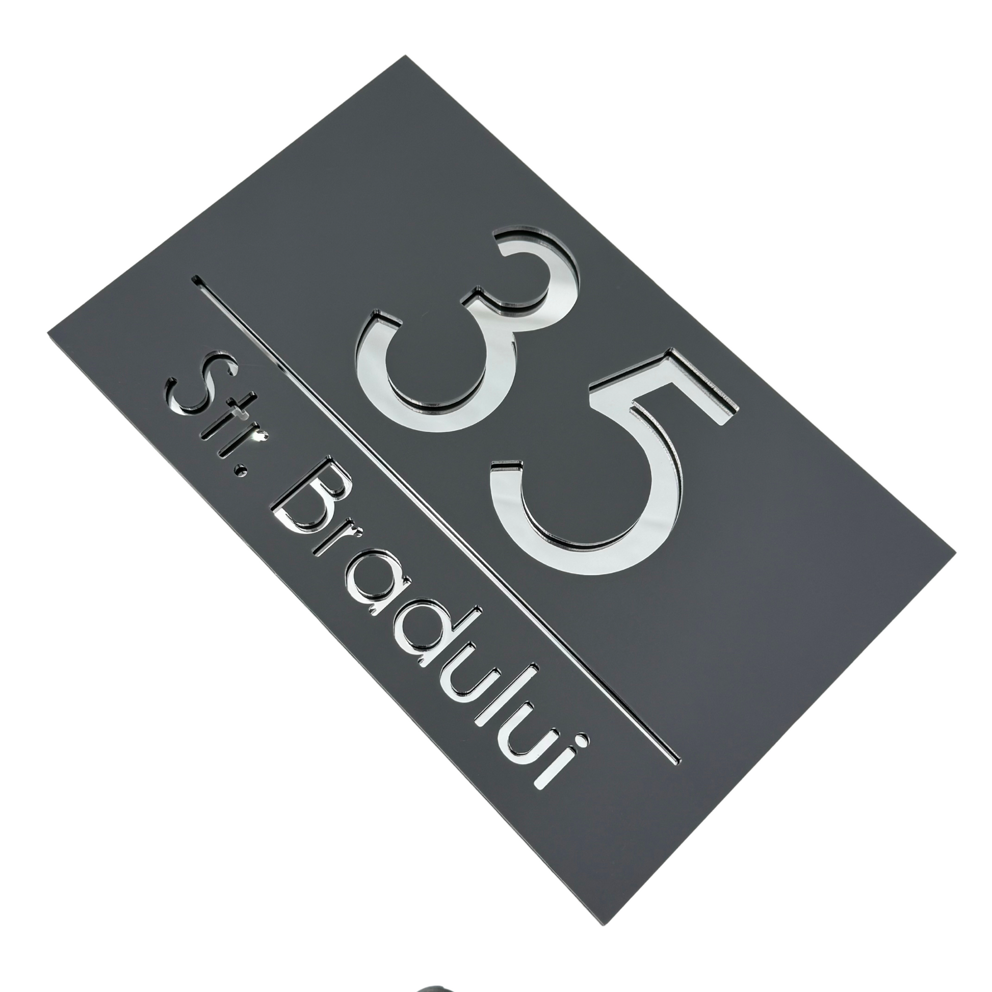 PREMIUM HOUSE NUMBER - Satin Grey Silver Mirror - 24×15 cm