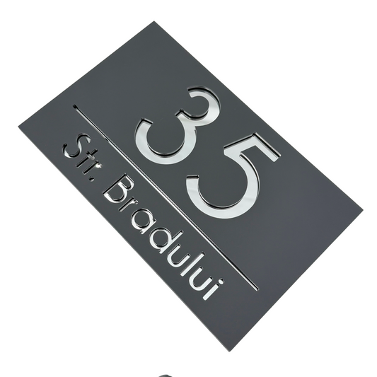 PREMIUM HOUSE NUMBER - Satin Grey Silver Mirror - 24×15 cm