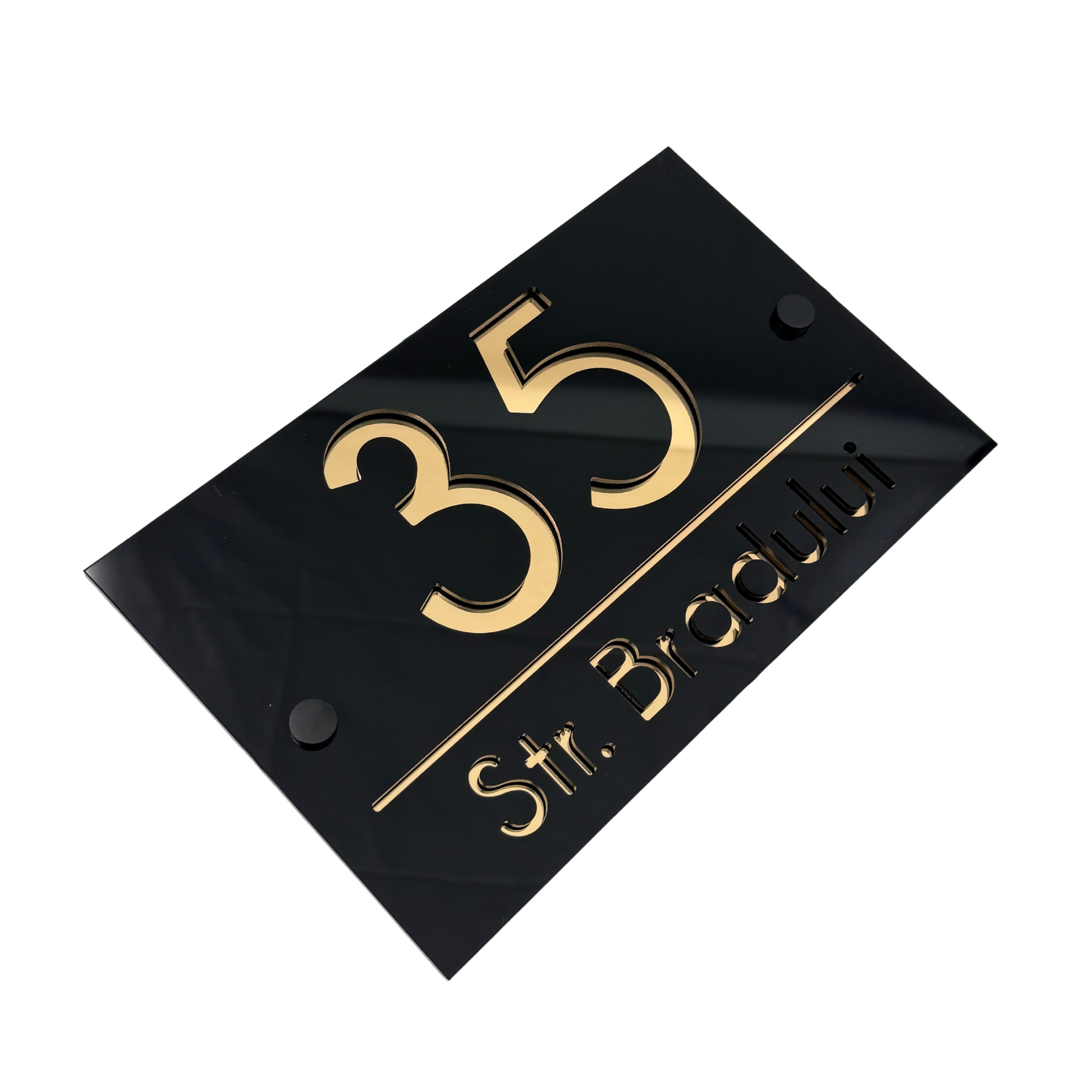 PREMIUM HOUSE NUMBER - Glossy Black Gold Mirror 2 Spacers NeGreyi - 24×15 cm