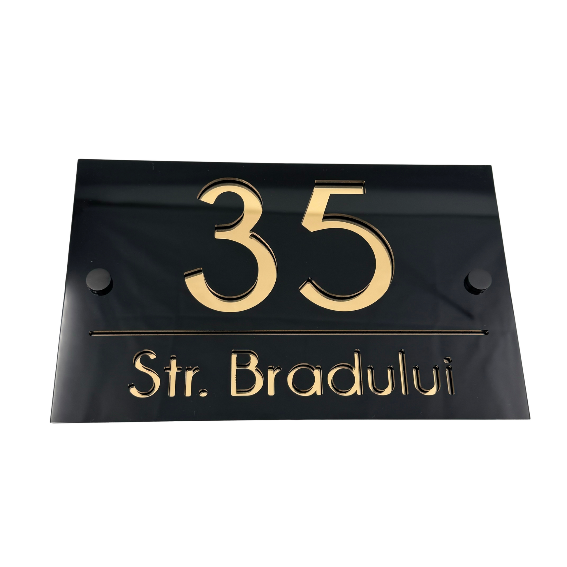 PREMIUM HOUSE NUMBER - Glossy Black Gold Mirror 2 Spacers NeGreyi - 24×15 cm