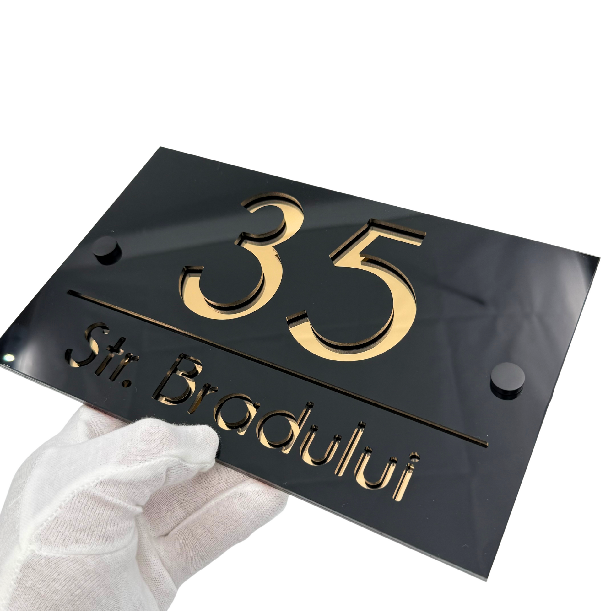 PREMIUM HOUSE NUMBER - Glossy Black Gold Mirror 2 Spacers NeGreyi - 24×15 cm