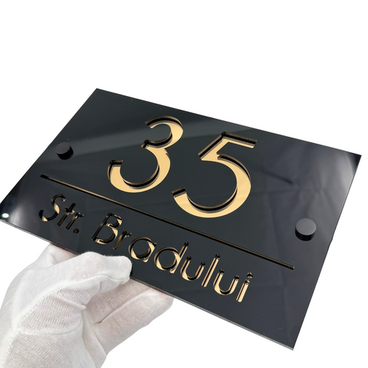 PREMIUM HOUSE NUMBER - Glossy Black Gold Mirror 2 Spacers NeGreyi - 24×15 cm