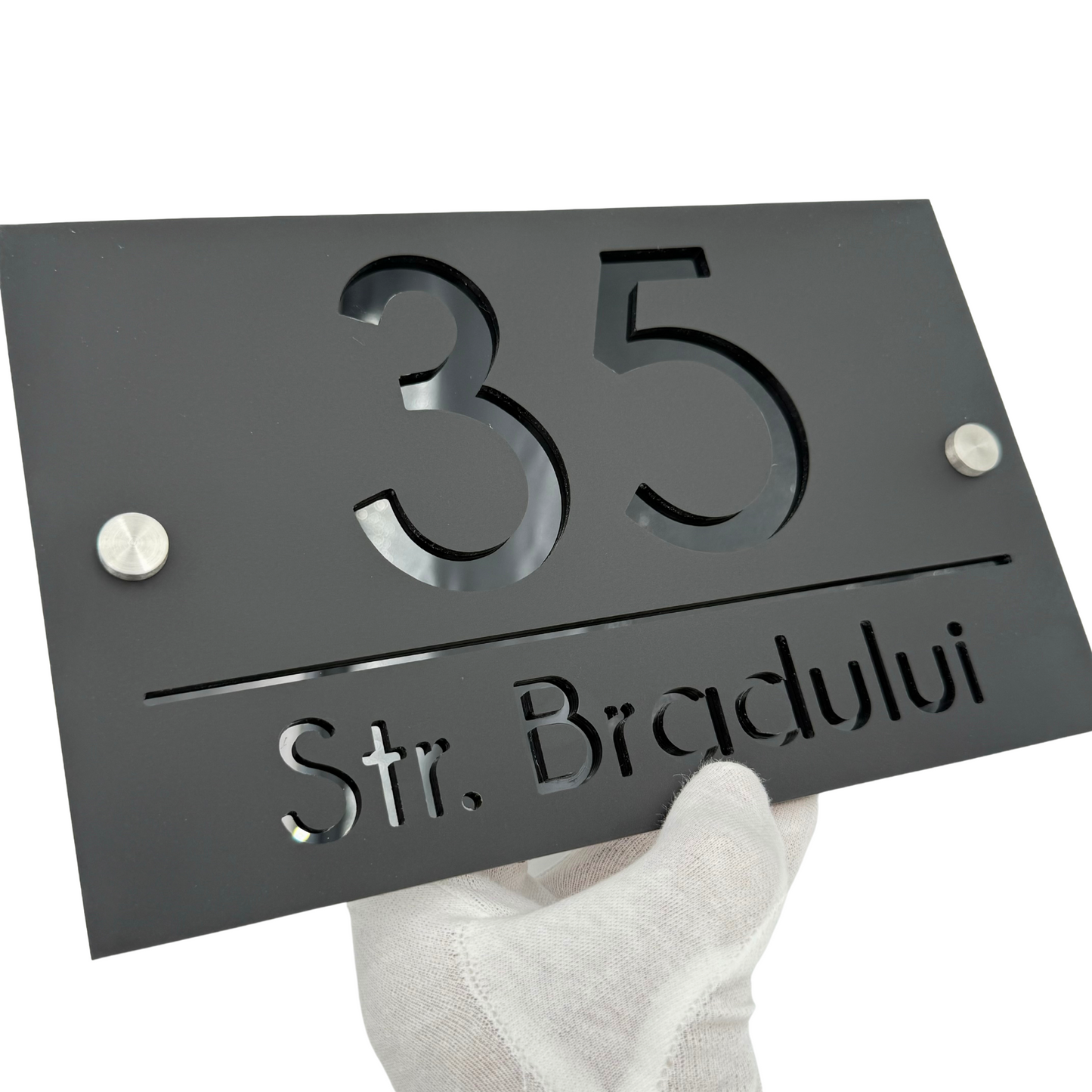 PREMIUM HOUSE NUMBER - Satin Black Glossy Black 2 Spacers Silver - 24×15 cm