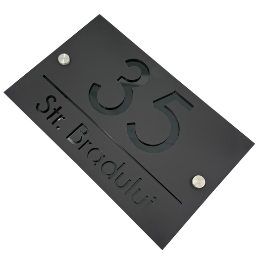PREMIUM HOUSE NUMBER - Satin Black Glossy Black 2 Spacers Silver - 24×15 cm