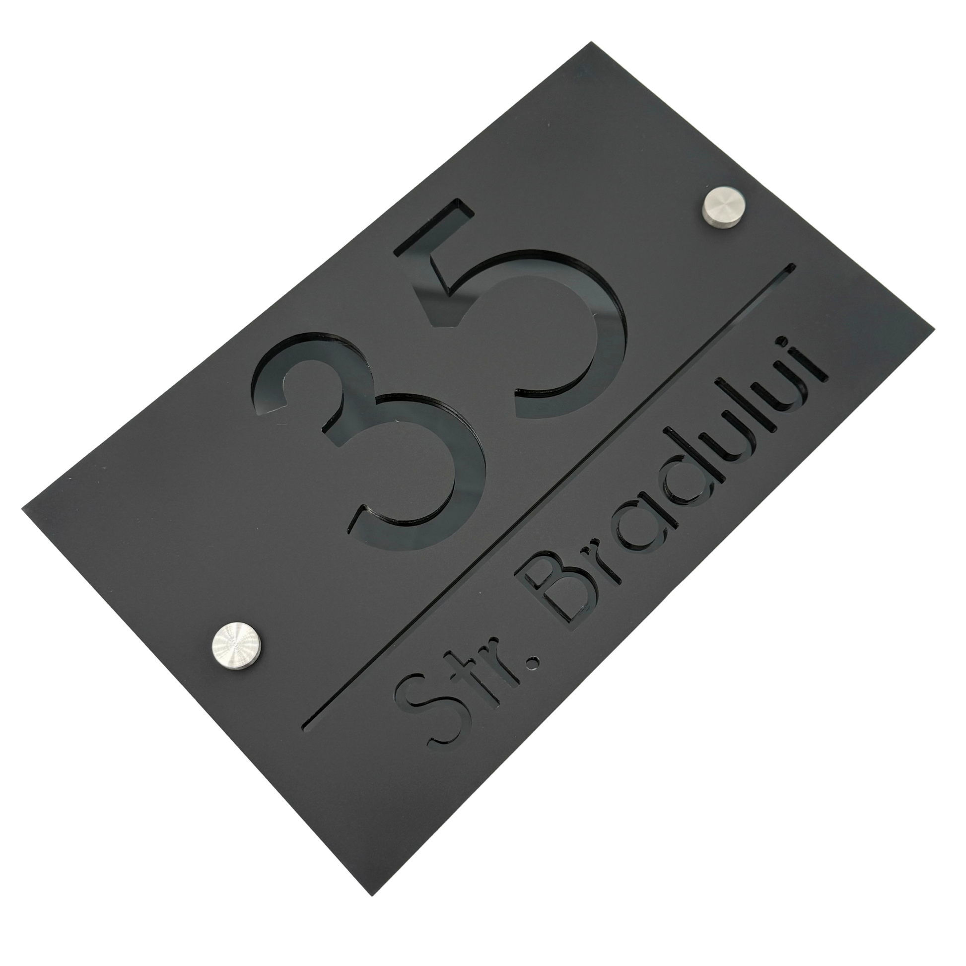 PREMIUM HOUSE NUMBER - Satin Black Glossy Black 2 Spacers Silver - 24×15 cm