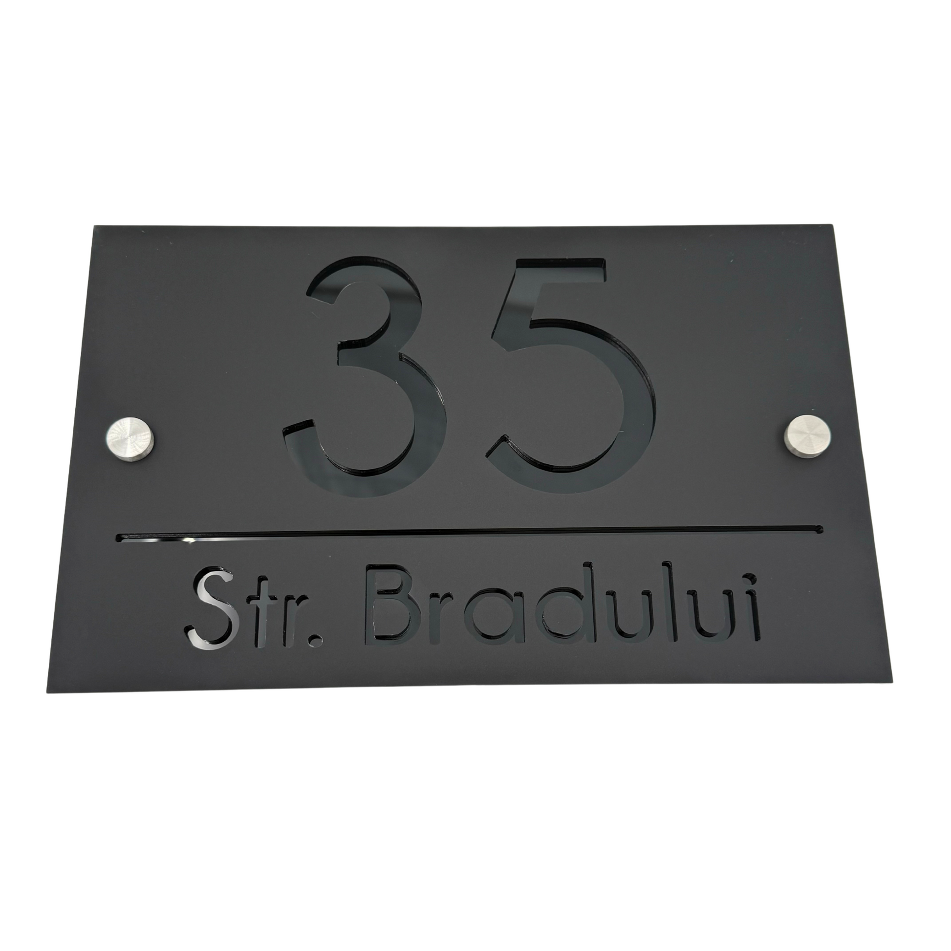 PREMIUM HOUSE NUMBER - Satin Black Glossy Black 2 Spacers Silver - 24×15 cm