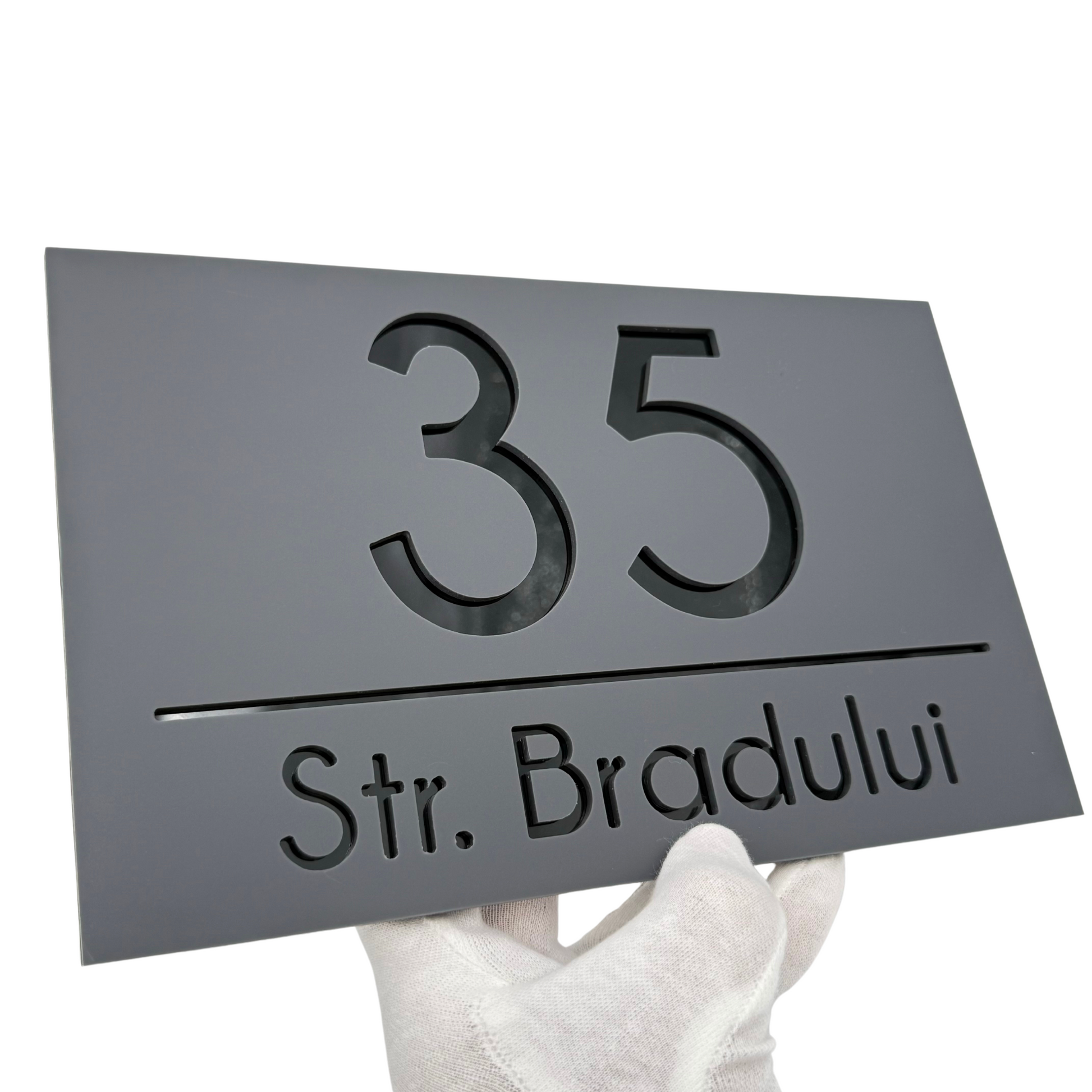 PREMIUM HOUSE NUMBER - Satin Grey Glossy Black - 24×15 cm