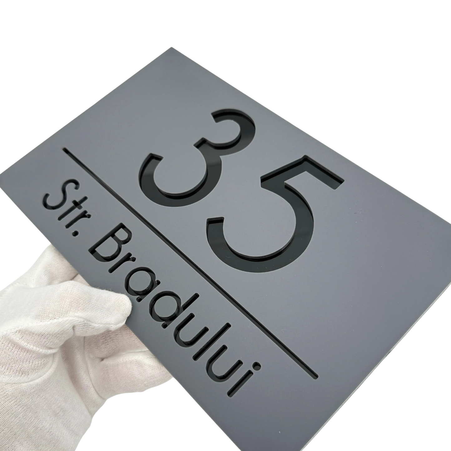 PREMIUM HOUSE NUMBER - Satin Grey Glossy Black - 24×15 cm
