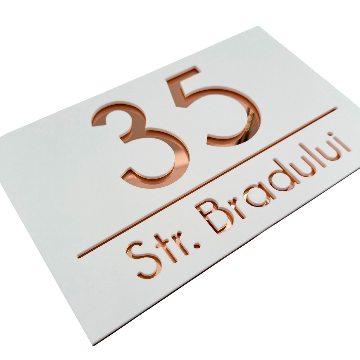 PREMIUM HOUSE NUMBER - White Satin Rose Gold Mirror - 24×15 cm