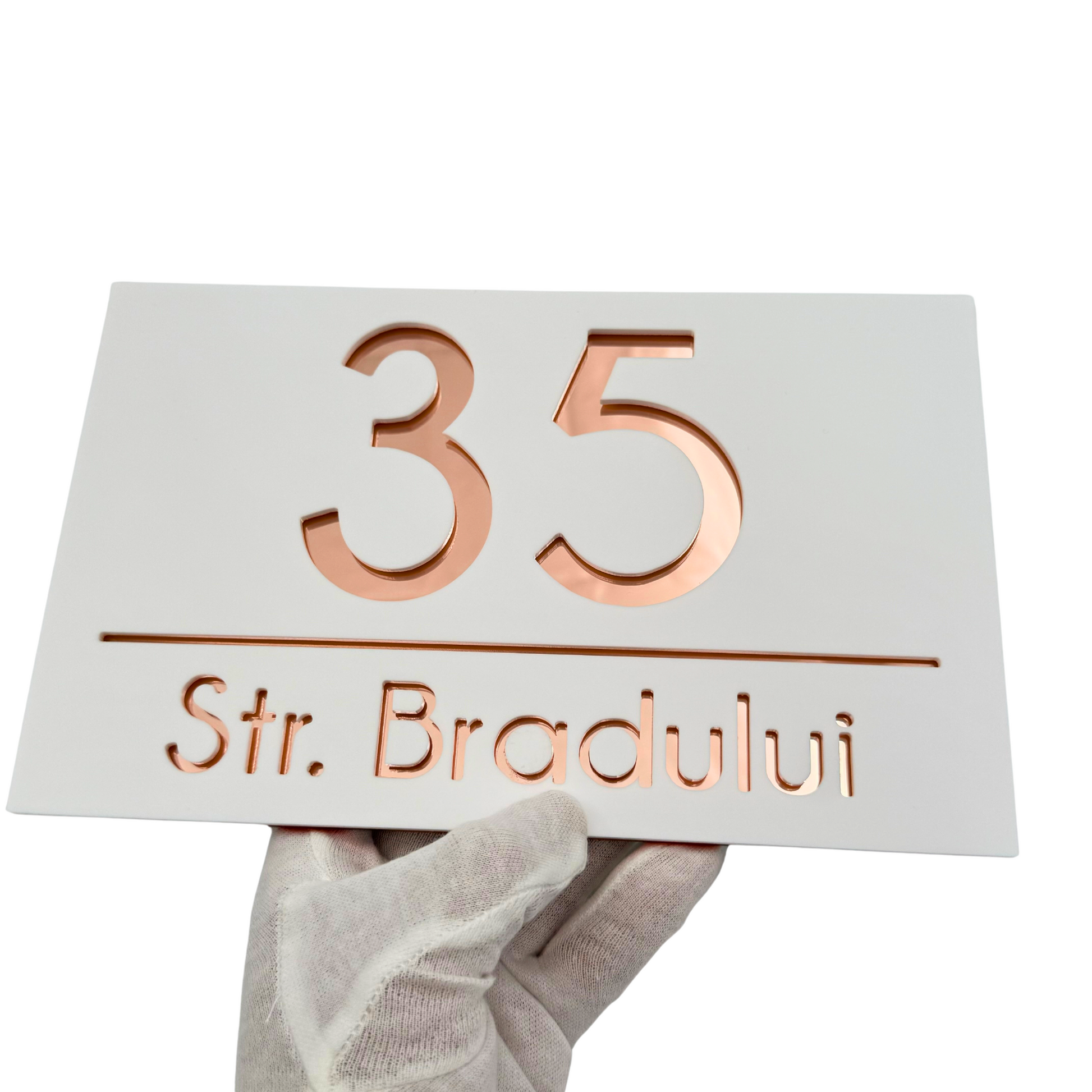 PREMIUM HOUSE NUMBER - White Satin Rose Gold Mirror - 24×15 cm