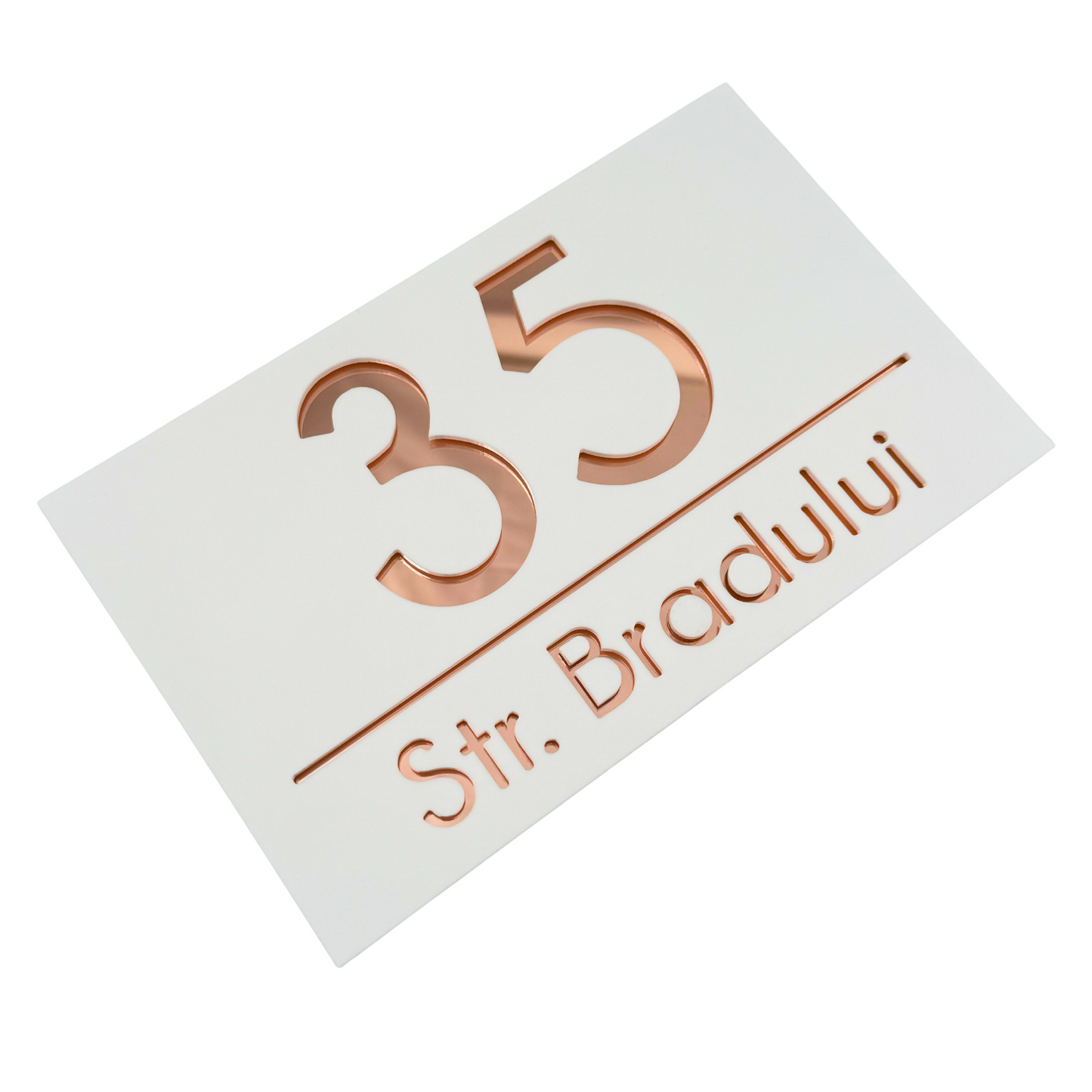PREMIUM HOUSE NUMBER - White Satin Rose Gold Mirror - 24×15 cm