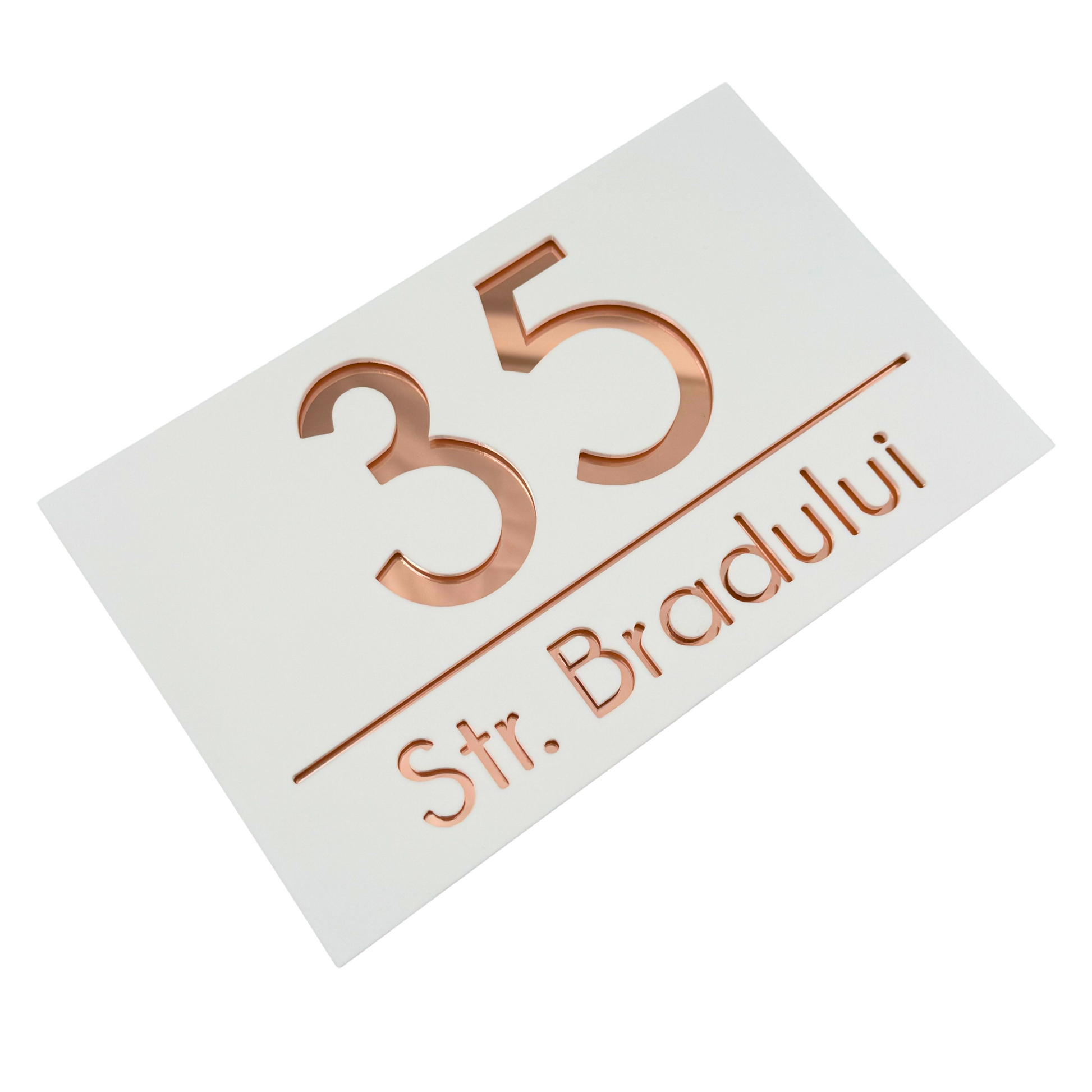 PREMIUM HOUSE NUMBER - White Satin Rose Gold Mirror - 24×15 cm