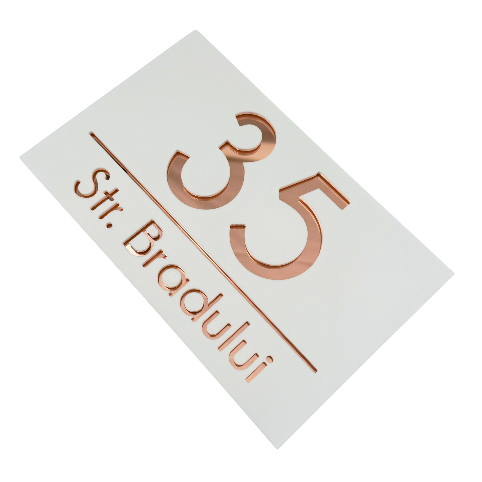 PREMIUM HOUSE NUMBER - White Satin Rose Gold Mirror - 24×15 cm
